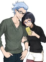 Rule 34 | 1boy, 1girl, black hair, blue eyes, blue hair, breasts, cellphone, closed mouth, glasses, gundam, gundam g no reconguista, jewelry, kei-co, luin lee, mask (gundam g no reconguista), open mouth, pantyhose, phone, short hair, shorts, simple background, smile, sweater, white background