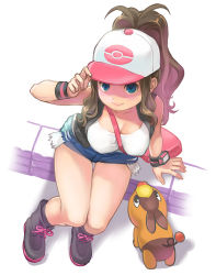 Rule 34 | 1girl, bag, bare arms, bare legs, bare shoulders, baseball cap, between breasts, black vest, blue eyes, boots, breasts, brown hair, closed mouth, creatures (company), denim, denim shorts, exposed pocket, full body, game freak, gen 5 pokemon, hand on headwear, hand up, hat, high ponytail, highres, hilda (pokemon), himeshaga, long hair, looking at viewer, looking up, medium breasts, nintendo, pokemon, pokemon (creature), pokemon bw, shirt, short shorts, shorts, shoulder bag, sidelocks, sitting, sleeveless, sleeveless shirt, smile, strap between breasts, tepig, vest, white shirt, wristband