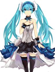 Rule 34 | 1girl, 7th dragon, 7th dragon (series), absurdres, annnna, bad id, bad pixiv id, black thighhighs, blue eyes, blue hair, dress, hatsune miku, headphones, highres, long hair, looking at viewer, matching hair/eyes, simple background, smile, solo, thighhighs, twintails, vocaloid, white background