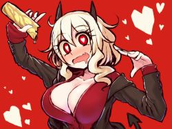 Rule 34 | 1girl, black jacket, breasts, cleavage, collarbone, demon tail, dress shirt, eyes visible through hair, food, hair between eyes, heart, heart-shaped pupils, helltaker, horns, jacket, kuresento, large breasts, medium hair, modeus (helltaker), open clothes, open shirt, red background, red eyes, red shirt, shirt, sidelocks, simple background, solo, symbol-shaped pupils, tail, unbuttoned, upper body, wavy mouth, white hair