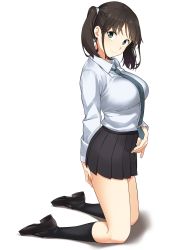 Rule 34 | 1girl, absurdres, black footwear, black skirt, blue necktie, breasts, brown hair, closed mouth, commentary request, full body, green eyes, hatakenaka (kamagabuchi), highres, kneeling, large breasts, long sleeves, looking at viewer, necktie, original, pleated skirt, shirt, short hair, simple background, skirt, smile, socks, solo, thighs, twintails, white background, white shirt