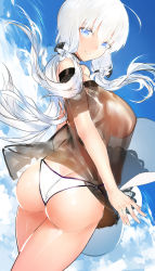 Rule 34 | 1girl, :d, ahoge, arm at side, arm strap, ass, azur lane, back, bare shoulders, bikini, bikini bottom only, black bow, black shirt, blue eyes, blue sky, bow, breasts, butt crack, choker, cloud, cloudy sky, cowboy shot, day, flower, from behind, hair between eyes, hair bow, hair flower, hair ornament, hat, highres, holding, holding clothes, holding hat, horz, illustrious (azur lane), jewelry, lace-trim, lace-trimmed bow, lace-trimmed choker, lace trim, large breasts, legs together, long hair, looking at viewer, looking back, low twintails, o-ring, o-ring bikini, o-ring bottom, off-shoulder shirt, off shoulder, open mouth, outdoors, ring, see-through, shirt, short sleeves, sideboob, sky, smile, solo, swimsuit, teeth, twintails, twisted torso, unworn hat, unworn headwear, wedding band, white bikini, white choker, white flower, white hair, wind