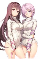Rule 34 | 2girls, anmi, arm ribbon, blush, breasts, brown hair, commentary request, covered navel, dress, fate/grand order, fate (series), hair over one eye, highres, large breasts, long hair, looking at viewer, mash kyrielight, multiple girls, naked sweater, purple eyes, purple hair, red eyes, ribbed sweater, ribbon, scathach (fate), short hair, simple background, sleeves past wrists, standing, sweater, sweater dress, thighs, turtleneck, turtleneck sweater, very long hair, white background, white sweater
