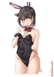 Rule 34 | 1girl, alternate costume, animal ears, bare shoulders, black leotard, bow, bowtie, breasts, brown eyes, brown hair, chestnut mouth, cowboy shot, detached collar, ebifurya, fake animal ears, gloves, hair horns, hand on own chest, hatsuzuki (kancolle), highres, kantai collection, leotard, looking at viewer, playboy bunny, red bow, red bowtie, simple background, small breasts, solo, twitter username, white background, white gloves, wrist cuffs
