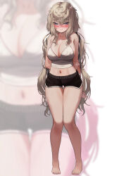 Rule 34 | 1girl, arms behind back, barefoot, blue eyes, blush, breasts, cleavage, commentary request, dolphin shorts, full body, grey hair, highres, korean commentary, large breasts, long hair, looking at viewer, midriff peek, mixed-language commentary, navel, original, shorts, solo, standing, tank top, torriet, very long hair, white tank top, zoom layer