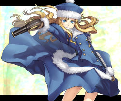 Rule 34 | 1girl, aiming, arm at side, armor, atlus, blonde hair, blue eyes, blue hat, blue skirt, brown gloves, buttons, clothes lift, double-breasted, etrian odyssey, floating hair, fur trim, gloves, gun, gunner (sekaiju), handgun, hat, legs apart, letterboxed, long hair, long sleeves, looking at viewer, outstretched arm, pom pom (clothes), skirt, skirt lift, skirt set, solo, tanaka shoutarou, upper body, weapon