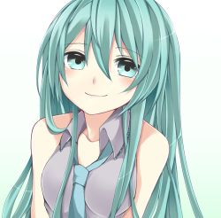 Rule 34 | 1girl, alternate hairstyle, aqua eyes, aqua hair, bad id, bad pixiv id, blush, hair down, hatsune miku, long hair, necktie, richard, simple background, smile, solo, upper body, vocaloid