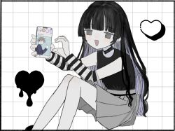 Rule 34 | 1boy, 1girl, black choker, black hair, black shirt, cellphone, choker, feet out of frame, grey eyes, grey skirt, grid background, heart, heart hands failure, highres, holding, holding phone, hougetsu (moon neetcat), knees up, long hair, looking at viewer, miniskirt, open mouth, original, phone, pleated skirt, shirt, sitting, skirt, sleeveless, sleeveless shirt, smartphone, solo focus, striped arm warmers, studded choker, white background