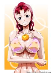 Rule 34 | 1girl, bellemere, black eyes, breasts, covered erect nipples, female focus, highres, large breasts, nel-zel formula, one piece, red hair, short hair, smile, text focus