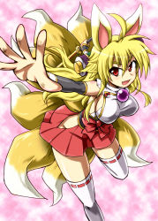 Rule 34 | &gt;:d, 1girl, :d, ahoge, animal ears, blonde hair, blush, body blush, breasts, detached sleeves, fang, foreshortening, fox ears, fox tail, impossible clothes, impossible shirt, izuna (shinrabanshou), kousei (public planet), long hair, miniskirt, multiple tails, no bra, open mouth, pleated skirt, publicplanet, red eyes, shinrabanshou, shiny skin, shirt, side slit, sideboob, skirt, smile, solo, sword, tail, taut clothes, taut shirt, thighhighs, v-shaped eyebrows, vest, weapon, white thighhighs, zettai ryouiki