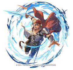 Rule 34 | bag, cape, collared shirt, eyepatch, facial hair, fire emblem, fire emblem echoes: shadows of valentia, fire emblem heroes, floating cape, full body, goatee, holding, holding sword, holding weapon, leather belt, leather strap, male focus, muscular, muscular male, nintendo, official alternate costume, official art, pectorals, red hair, saber (fire emblem), sandals, satchel, shimomura watari, shirt, solo, sword, weapon