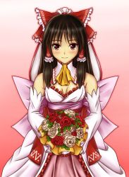 Rule 34 | 1girl, adapted costume, alternate costume, bare shoulders, blush, bouquet, bow, breasts, bridal veil, bride, brown hair, cleavage, detached sleeves, dress, female focus, flower, hair bow, hair tubes, hakurei reimu, highres, hozenkakari, japanese clothes, medium breasts, miko, multicolored clothes, multicolored dress, pink dress, red eyes, red flower, red rose, rose, sash, smile, solo, touhou, veil, wedding dress, white dress, white flower, white rose