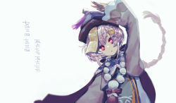 Rule 34 | 1girl, absurdres, beads, braid, bright pupils, floating hair, genshin impact, hand up, hat, head tilt, highres, long hair, long sleeves, looking at viewer, mirin chikuwa, parted lips, prayer beads, purple hair, purple hat, qiqi (genshin impact), red eyes, simple background, solo, tassel, translation request, very long hair, white background, white pupils, wide sleeves