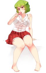 Rule 34 | 1girl, barefoot, black bra, blush, bra, breasts, cleavage, eating, food, food in mouth, full body, green hair, kazami yuuka, large breasts, looking at viewer, plaid, plaid skirt, popsicle, popsicle in mouth, red eyes, red skirt, rtil, see-through, see-through shirt, shirt, short hair, simple background, sitting, skirt, sleeveless, sleeveless shirt, solo, sweatdrop, touhou, underwear, white background, white shirt