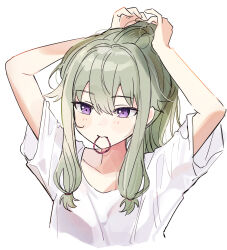Rule 34 | 1girl, arms up, closed mouth, commentary request, dot nose, green hair, hair tie, highres, kusanagi nene, low-tied sidelocks, pjmiyo, project sekai, purple eyes, shirt, short sleeves, simple background, solo, tying hair, upper body, white background, white shirt