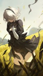 Rule 34 | 1girl, black dress, black hairband, black thighhighs, breasts, closed eyes, clothing cutout, commentary request, crying, dress, gloves, goomrrat, grasslands, hairband, highres, juliet sleeves, leotard, long sleeves, medium breasts, mole, mole under mouth, nier:automata, nier (series), puffy sleeves, short hair, skirt, solo, standing, tears, thighhighs, thighs, white hair, 2b (nier:automata)