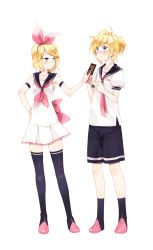 Rule 34 | 1boy, 1girl, anz (starry), aqua eyes, bad id, bad pixiv id, black thighhighs, blonde hair, brother and sister, chocolate, dress, hand on own hip, highres, hip focus, kagamine len, kagamine rin, shorts, siblings, simple background, thighhighs, twins, vocaloid