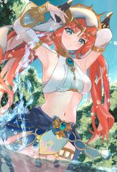 Rule 34 | 1girl, :/, aqua eyes, armpits, arms behind head, arms up, bare shoulders, blue gemstone, blue skirt, blue sky, blush, breasts, breasts apart, brooch, circlet, closed mouth, cowboy shot, crop top, day, detached sleeves, dutch angle, gem, genshin impact, gold trim, harem outfit, highres, horns, jewelry, long hair, long sleeves, looking at viewer, medium breasts, muga (mga2a), navel, neck ring, nilou (genshin impact), outdoors, parted bangs, puffy long sleeves, puffy sleeves, red hair, reflection, reflective water, resolution mismatch, shirt, sideboob, skirt, sky, solo, source smaller, stomach, taut clothes, taut shirt, thighlet, thighs, twintails, veil, wading, water, water drop, white headwear, white sleeves