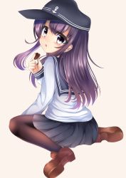 Rule 34 | 1girl, absurdres, akatsuki (kancolle), anchor, beige background, black hat, black pantyhose, black skirt, blush, brown footwear, candy, chocolate, chocolate heart, commentary request, flat cap, food, hat, heart, highres, hiragi ringo, kantai collection, loafers, long hair, long sleeves, looking at viewer, looking back, pantyhose, parted lips, pleated skirt, purple eyes, purple hair, school uniform, serafuku, shirt, shoes, simple background, sitting, skirt, sleeves past wrists, solo, tareme, very long hair, wariza, white shirt