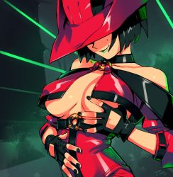 Rule 34 | 1girl, black hair, black nails, breast curtains, breasts, cleavage, covered eyes, fingerless gloves, fingernails, gloves, grabbing own breast, guilty gear, guilty gear xx, harness, hat, highres, i-no, jacket, large breasts, laser, lipstick, makeup, nail polish, no bra, optionaltypo, red hat, red jacket, red leather, revealing clothes, short hair, smile, solo, underboob, witch hat