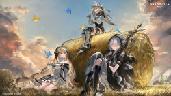 Rule 34 | 3girls, absurdly long hair, absurdres, arknights, armored boots, barn, bird, black dress, black footwear, black skirt, blonde hair, blue bird, blue eyes, blue sky, boots, closed eyes, clothing cutout, cloud, cloudy sky, commentary, company name, copyright name, dated commentary, demon girl, demon horns, dress, english commentary, evening, fartooth (arknights), feather hair, field, flute, gauntlets, gawako, grey hair, hair between eyes, hand up, hay bale, highres, holding, holding staff, hood, hood up, horns, horns through headwear, instrument, long hair, long sleeves, looking at another, multiple girls, music, nightingale (arknights), official art, outdoors, playing flute, playing instrument, pouch, scenery, shining (arknights), shirt, short sleeves, shoulder cutout, sidelocks, sitting, skirt, sky, smile, staff, thigh pouch, thighs, tree, very long hair, visor (armor), visor lift, white dress, white shirt, yellow bird, yellow eyes