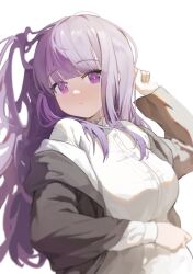 Rule 34 | 1girl, absurdres, black cloak, blunt bangs, breasts, cloak, closed mouth, dress, expressionless, fern (sousou no frieren), highres, large breasts, long hair, long sleeves, looking at viewer, messy hair, purple eyes, purple hair, riok hh, sidelocks, simple background, solo, sousou no frieren, straight hair, very long hair, white background, white dress