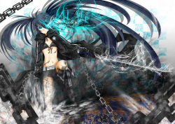 Rule 34 | 10s, 1girl, bad id, bad pixiv id, belt, bikini, bikini top only, black hair, black rock shooter, black rock shooter (character), blue eyes, boots, chain, coat, female focus, long hair, midriff, navel, scar, solo, stitches, swimsuit, sword, twintails, uneven twintails, very long hair, weapon, yutaro5313