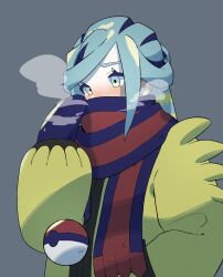 Rule 34 | 1boy, blue mittens, blue scarf, blush, breath, commentary request, creatures (company), game freak, green eyes, green hair, grey background, grusha (pokemon), hand up, highres, jacket, long sleeves, male focus, mittens, nintendo, pokemon, pokemon sv, scarf, scarf over mouth, solo, striped clothes, striped scarf, upper body, yellow jacket, zerogiga