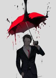 Rule 34 | 1boy, adachi tooru, black hair, black jacket, black pants, blood, blood splatter, business suit, closed mouth, collared shirt, commentary, formal, grey background, grey eyes, hand in pocket, hand up, highres, holding, holding umbrella, jacket, kaninn, long sleeves, looking at viewer, male focus, necktie, pants, persona, persona 4, red necktie, red umbrella, shirt, short hair, simple background, smile, solo, standing, suit, symbol-only commentary, twitter username, umbrella, white shirt