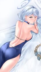 Rule 34 | 1girl, absurdres, ako (blue archive), ako (dress) (blue archive), ass, backless dress, backless outfit, bed sheet, black hairband, blue archive, blue dress, blue eyes, blue hair, blue halo, blush, breasts, closed mouth, cowboy shot, dress, hairband, halo, highres, large breasts, long hair, looking at viewer, official alternate costume, sleeveless, sleeveless dress, solo, yayanri