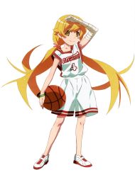 Rule 34 | 1girl, absurdres, arm up, ball, bandaged arm, bandages, basket, basketball, basketball (object), basketball jersey, basketball uniform, blonde hair, blush stickers, bracelet, collarbone, cosplay, full body, green bracelet, hair ribbon, highres, holding, holding ball, jewelry, kanbaru suruga, kanbaru suruga (cosplay), legs apart, long hair, looking at viewer, low twintails, monogatari (series), official art, oshino shinobu, pink ribbon, ribbon, scan, shading eyes, shirt, shoes, shorts, simple background, sleeveless, smile, sneakers, solo, sportswear, standing, twintails, very long hair, watanabe akio, wavy mouth, white background, white footwear, white shirt, white shorts, yellow eyes