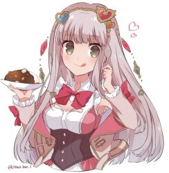 1girl :q atelier_(series) atelier_lulua blunt_bangs bow bowtie breasts cleavage cleavage_cutout closed_mouth clothing_cutout commentary_request curry curry_rice elmerulia_fryxell food green_eyes grey_hair hair_ornament hands_up haruna_(citrus_love_i) heart heart_hair_ornament highres holding holding_plate holding_spoon jacket long_hair long_sleeves looking_at_viewer open_clothes open_jacket plate red_bow red_bowtie rice smile solo spoon tongue tongue_out twitter_username upper_body white_background