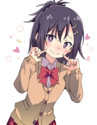 Rule 34 | 1girl, blazer, blush, bow, bowtie, brown jacket, closed mouth, collared shirt, gabriel dropout, hair ornament, hairclip, heart, ixy, jacket, long hair, long sleeves, looking at viewer, nose blush, plaid, plaid skirt, pleated skirt, ponytail, purple eyes, purple hair, red bow, red bowtie, red skirt, school uniform, shirt, skirt, smile, solo, star (symbol), sweat, vignette tsukinose april, white background, white shirt, x hair ornament