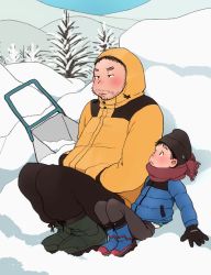 Rule 34 | 2boys, blush, boots, coat, commentary, eyebrows, facial hair, fat, fat man, full body, hat, looking at another, male focus, multiple boys, original, outdoors, scarf, snow, stubble, taremayuzou, uncle and nephew, winter