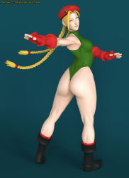 Rule 34 | 1girl, 3d, ass, beret, blonde hair, blue eyes, boots, braid, cammy white, curvy, female focus, gloves, green background, hat, hip focus, huge ass, legs, leotard, long hair, looking at viewer, looking back, simple background, smile, solo, street fighter, the majestic, thick thighs, thighs, very long hair, wide hips