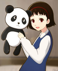 Rule 34 | 1girl, absurdres, artist name, artist request, black vest, blunt bangs, blush, braid, breasts, brown hair, crown braid, female focus, highres, holding, holding stuffed toy, long sleeves, looking at viewer, niijima makoto, parted lips, persona, persona 5, persona 5 the royal, red eyes, school uniform, shirt, short hair, shuujin academy school uniform, small breasts, smile, solo, stuffed animal, stuffed panda, stuffed toy, sweater, sweater vest, turtleneck, turtleneck sweater, upper body, vest, white shirt, white sweater