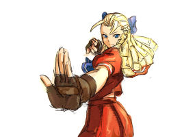 Rule 34 | 1990s (style), 1girl, antenna hair, blonde hair, blue eyes, bow, capcom, fighting stance, fingerless gloves, foreshortening, gloves, hair bow, hair slicked back, half updo, kanzuki karin, outstretched arm, outstretched hand, retro artstyle, ringlets, school uniform, serafuku, shibasaki shouji, short sleeves, simple background, sketch, smile, solo, street fighter, street fighter zero (series)