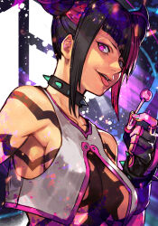 Rule 34 | 1girl, black hair, blue nails, breasts, candy, collar, food, han juri, holding, holding food, hungry clicker, large breasts, lollipop, medium breasts, purple eyes, street fighter, street fighter 6