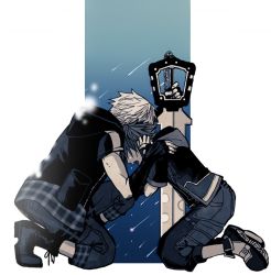Rule 34 | 2boys, black footwear, black gloves, black hoodie, blue theme, boots, crying, fingerless gloves, full body, gloves, hair between eyes, hand on another&#039;s shoulder, hands on own head, holding, holding weapon, hood, hood down, hoodie, keyblade, kingdom hearts, kingdom hearts ii, kneeling, male focus, multiple boys, open mouth, owlforkh, plaid, riku (kingdom hearts), shooting star, short hair, short sleeves, shorts, sora (kingdom hearts), spiked hair, tears, toned, toned male, weapon, yaoi