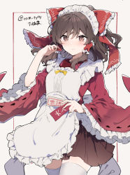 Rule 34 | 1girl, alternate costume, apron, bow, brown eyes, brown hair, enmaided, frilled bow, frills, hair bow, hair tubes, hakurei reimu, highres, ikeuchi tanuma, looking at viewer, maid, ofuda, red bow, skirt, solo, thighhighs, touhou, wide sleeves