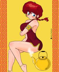 Rule 34 | 1girl, anklet, armlet, barefoot, blue eyes, blush, braid, china dress, chinese clothes, dress, duck (samas king), genderswap, genderswap (mtf), highres, jewelry, kettle, ranma-chan, ranma 1/2, red hair, saotome ranma, single braid, solo, thighs