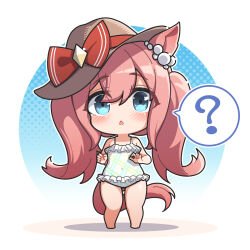Rule 34 | 1girl, ?, agnes digital (umamusume), animal ears, bare shoulders, barefoot, blue eyes, blush, bow, brown hat, chibi, commentary, covered navel, ear ornament, frills, full body, hair between eyes, hat, hat bow, highres, horse ears, horse girl, horse tail, long hair, looking at viewer, multicolored clothes, multicolored swimsuit, no nose, one-piece swimsuit, pink hair, red bow, solo, spoken question mark, standing, swimsuit, tail, thighs, triangle mouth, umamusume, very long hair, warashi
