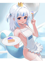 Rule 34 | 1girl, absurdres, apron, bare arms, bare shoulders, blue eyes, blue hair, blue nails, blunt bangs, blush, breasts, cake, cake slice, covered navel, crown, dutch angle, fingernails, fins, fish tail, food, fork, fpvjoe, frilled apron, frills, gawr gura, hair ornament, highres, holding, holding fork, holding plate, hololive, hololive english, looking at viewer, medium hair, mini crown, multicolored hair, nail polish, naked apron, open mouth, outside border, plate, shark girl, shark hair ornament, shark tail, sidelocks, small breasts, smile, solo, streaked hair, tail, thighhighs, two side up, virtual youtuber, white apron, white hair, white thighhighs