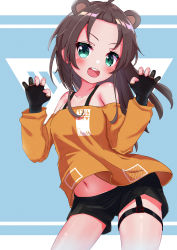 Rule 34 | 1girl, :d, absurdres, animal ears, bear ears, black gloves, black shorts, blue background, blush, brown hair, claw pose, cowboy shot, extra ears, forehead, gloves, green eyes, highres, hololive, long hair, long sleeves, looking at viewer, natsuiro matsuri, natsuiro matsuri (gaming casual), navel, off-shoulder shirt, off shoulder, ontake2009, open clothes, open mouth, orange shirt, parted bangs, partially fingerless gloves, shirt, short shorts, shorts, smile, solo, teeth, thigh strap, upper teeth only, v-shaped eyebrows, virtual youtuber