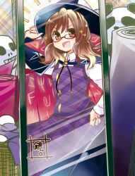 Rule 34 | 1girl, bow, brown eyes, brown hair, cape, clothes writing, female pov, glasses, hand on own hip, hat, hat bow, hat ribbon, long sleeves, low twintails, mirror, oimoto jirou, open mouth, panda, plaid, pov, red-framed eyewear, ribbon, school uniform, shirt, short hair, skirt, smile, solo, sparkle, touhou, twintails, usami sumireko