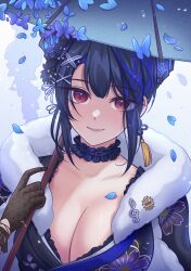 Rule 34 | 1girl, absurdres, adapted costume, asymmetrical horns, black hair, blue hair, choker, colored inner hair, demon horns, frills, hair ornament, highres, hololive, hololive english, horns, japanese clothes, kimono, kino (jewell chang), long hair, looking at viewer, mole, mole under eye, multicolored hair, nerissa ravencroft, nerissa ravencroft (new year), official alternate costume, official alternate hairstyle, parasol, petals, red eyes, solo, umbrella, uneven horns, virtual youtuber