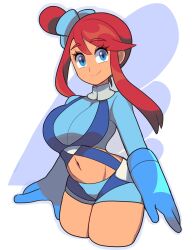 Rule 34 | 1girl, blue eyes, breasts, creatures (company), crop top, digicheeze, game freak, gloves, highres, large breasts, long hair, long sleeves, nintendo, pokemon, pokemon bw, red hair, shorts, skyla (pokemon), smile, wide hips