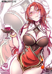 Rule 34 | 1girl, 2021, absurdres, alcohol, bare shoulders, black gloves, blush, breasts, china dress, chinese clothes, cleavage, closed mouth, cup, dress, drinking glass, fei luo mao, gloves, highres, holding, holding cup, honkai (series), honkai impact 3rd, large breasts, long hair, mole, mole on breast, murata himeko, murata himeko (vermillion knight), red dress, red hair, sleeveless, sleeveless dress, smile, solo, tongue, tongue out, wine, wine glass, yellow eyes