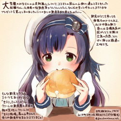 Rule 34 | 1girl, blue necktie, bread, colored pencil (medium), commentary request, cream puff, dated, eating, food, green eyes, hat, holding, holding food, juliet sleeves, kantai collection, kirisawa juuzou, long hair, long sleeves, matsuwa (kancolle), necktie, numbered, puffy sleeves, purple hair, sailor hat, school uniform, serafuku, smile, solo, traditional media, translation request, twitter username, white hat