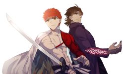 Rule 34 | 2boys, bad id, bad pixiv id, brown hair, cape, command spell, donam, emiya shirou, fate/grand order, fate/stay night, fate (series), igote, katana, kotomine kirei, limited/zero over, male focus, multiple boys, red hair, topless male, sword, weapon